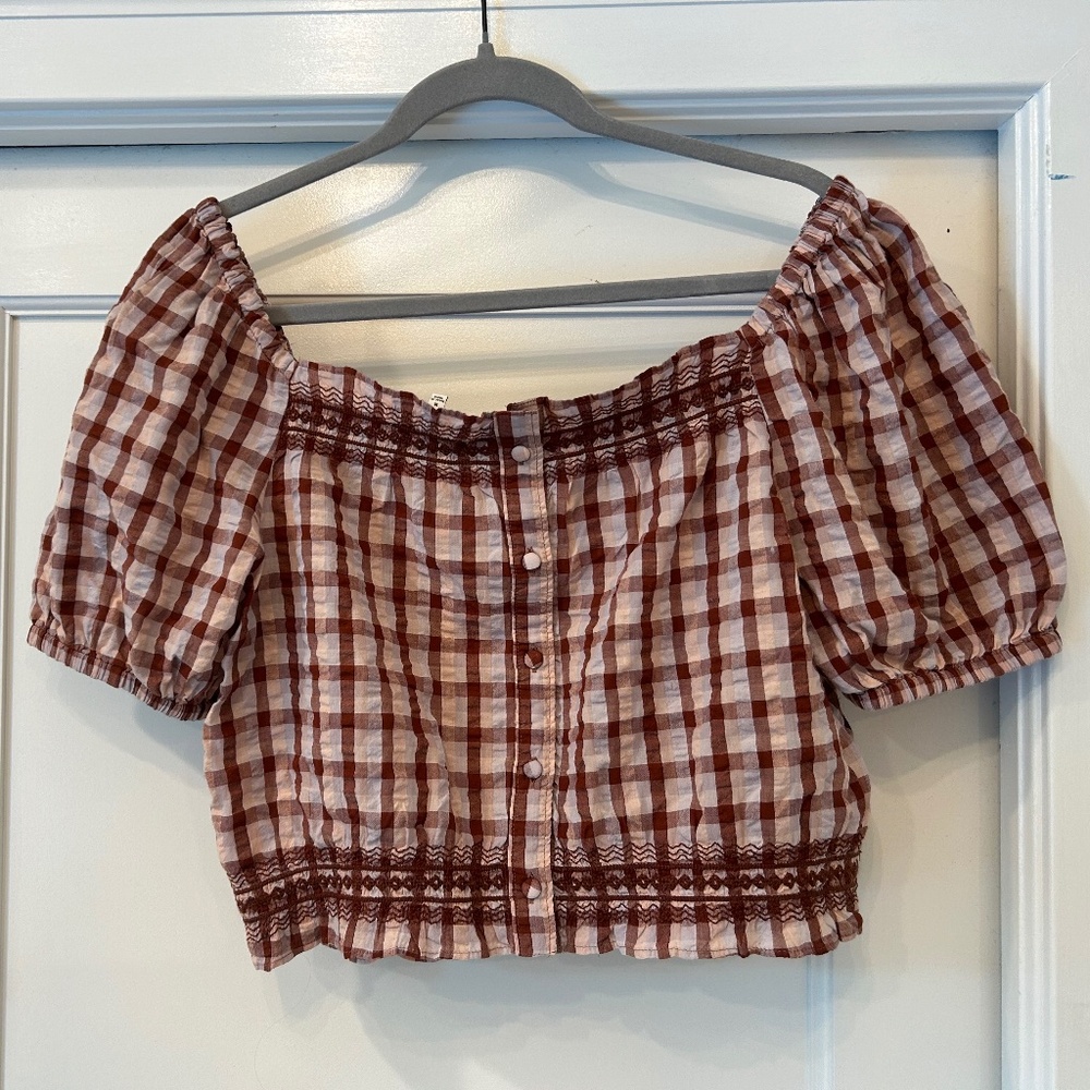 Madewell Seersucker Jeanette Top in Plaid Mahogany